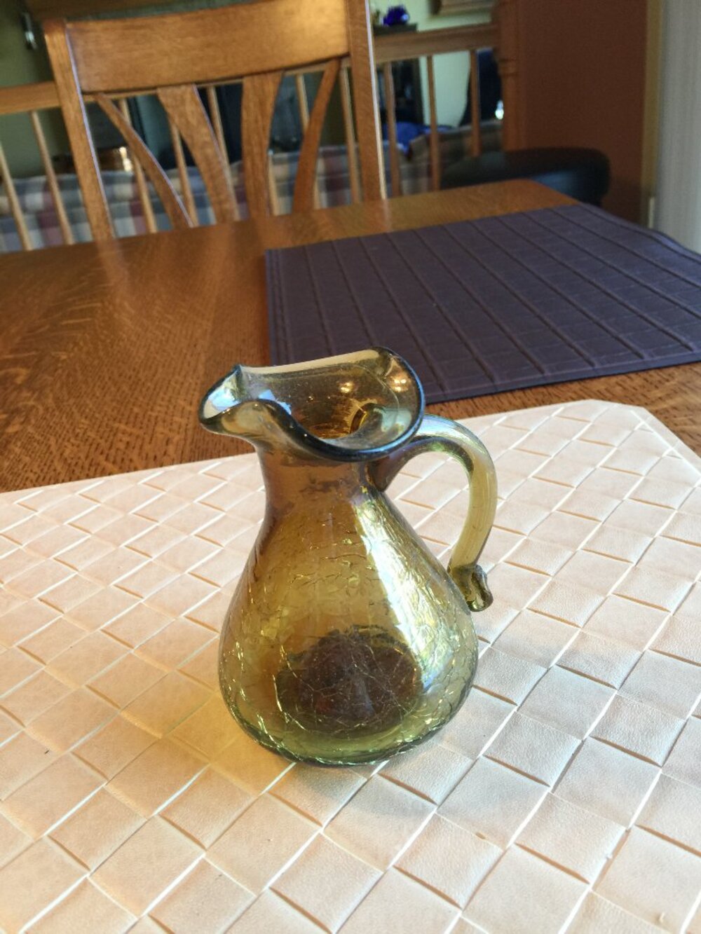 Vintage Small Amber Cracked Glass Pitcher 4 1/2" x 3"